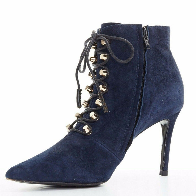 BALENCIAGA navy blue suede gold-tone stud lace up point toe ankle ...