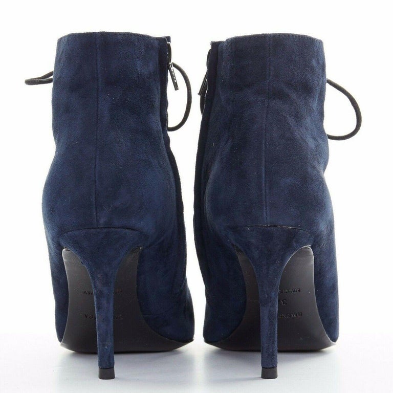 BALENCIAGA navy blue suede gold-tone stud lace up point toe ankle bootie  EU37 For Sale at 1stDibs