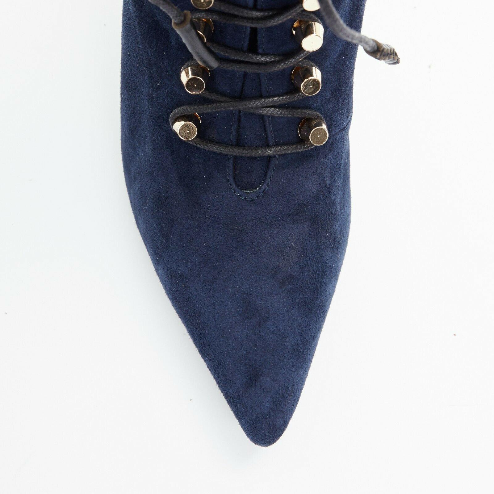 BALENCIAGA navy blue suede gold-tone stud lace up point toe ankle bootie EU37 In Good Condition In Hong Kong, NT