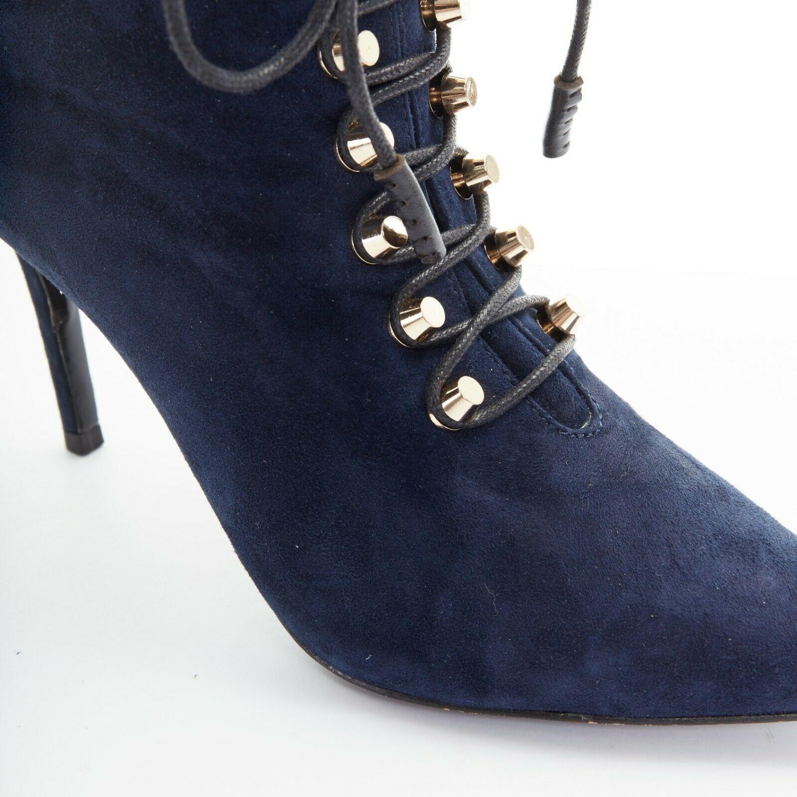 Women's BALENCIAGA navy blue suede gold-tone stud lace up point toe ankle bootie EU37