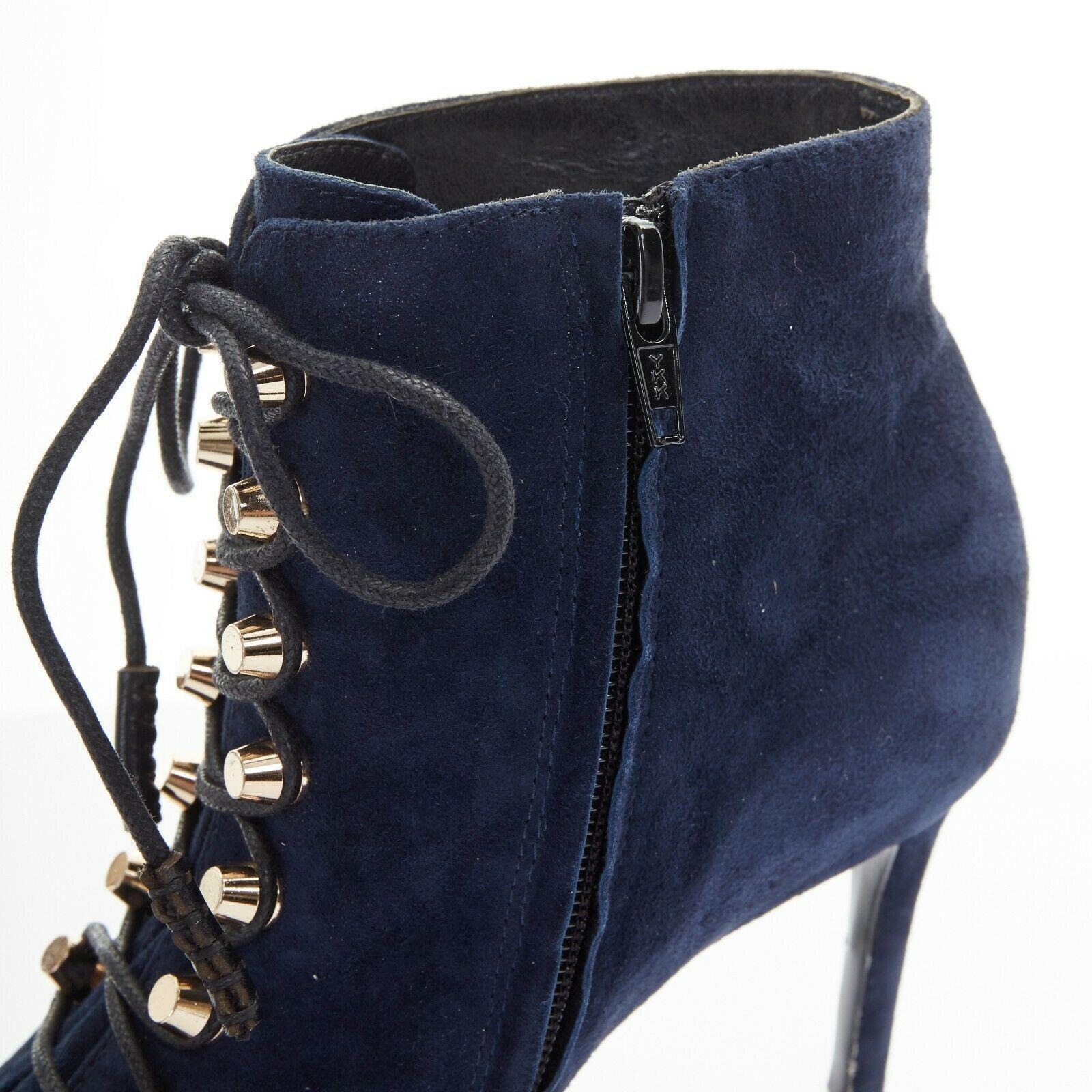 BALENCIAGA navy blue suede gold-tone stud lace up point toe ankle bootie EU37 1