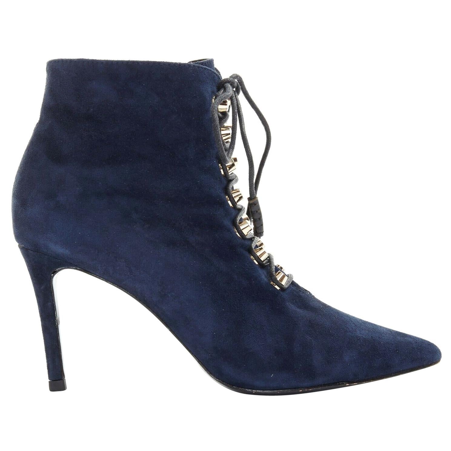 BALENCIAGA navy blue suede gold-tone stud lace up point toe ankle bootie EU37