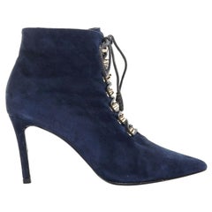 BALENCIAGA navy blue suede gold-tone stud lace up point toe ankle bootie EU37