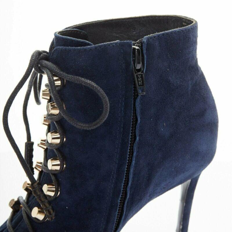 BALENCIAGA navy blue suede gold-tone stud lace up point toe bootie EU37 US7 For Sale 5