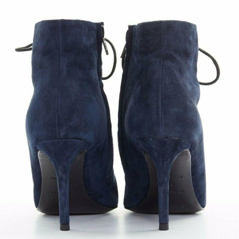 Women's BALENCIAGA navy blue suede gold-tone stud lace up point toe bootie EU37 US7 For Sale