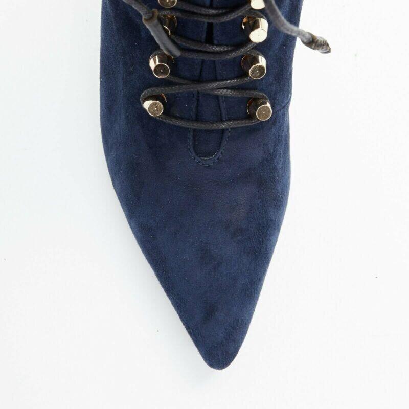 BALENCIAGA navy blue suede gold-tone stud lace up point toe bootie EU37 US7 For Sale 2