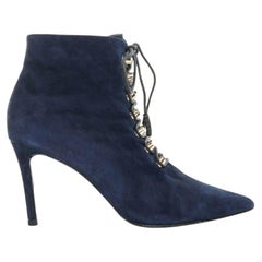 BALENCIAGA navy blue suede gold-tone stud lace up point toe bootie EU37 US7