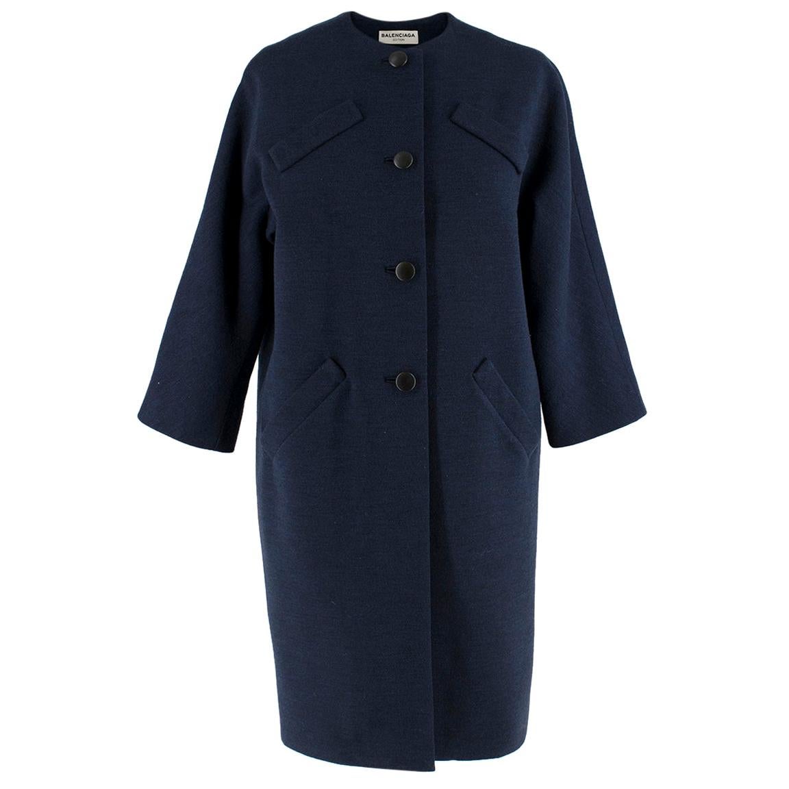 Balenciaga Navy Blue Wool Single-Breasted Coat 34 (FR)