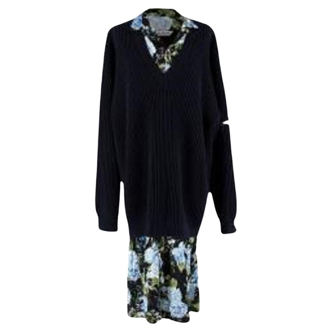 Balenciaga Navy Cotton Knit Jumper with Silk Dress Underlay For Sale
