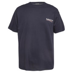 Balenciaga Marineblaues T-Shirt mit Rundhalsausschnitt und Logo aus Baumwollstrick M