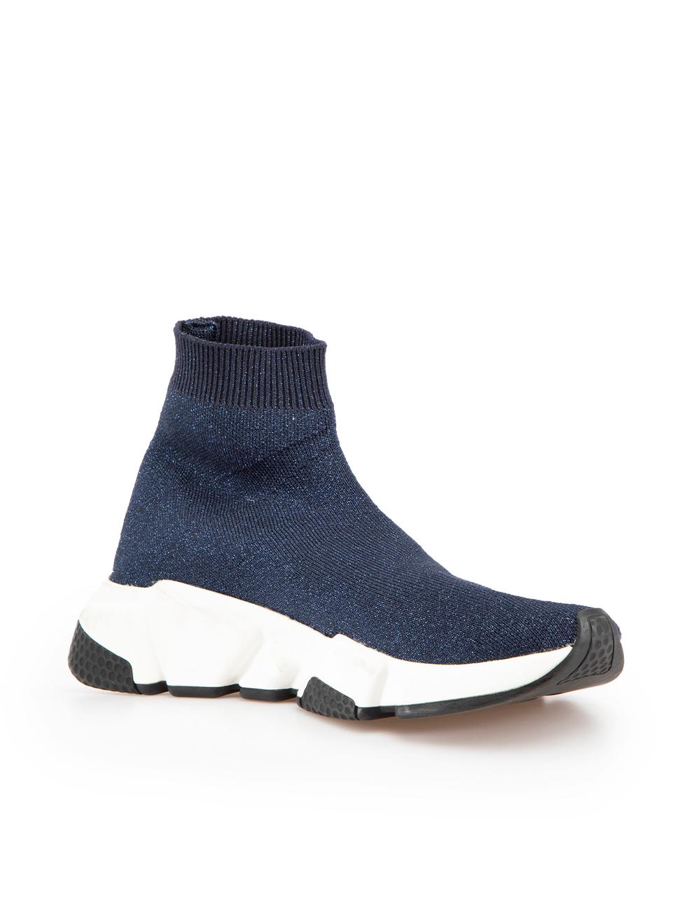 CONDITION is Very good. Minimal wear to shoes is evident. Minimal wear to both shoe soles with dark marks to the rubber on this used Balenciaga designer resale item.
 
 Details
 Speed model
 Navy
 Cloth textile
 Sock trainers
 High top
 Glitter