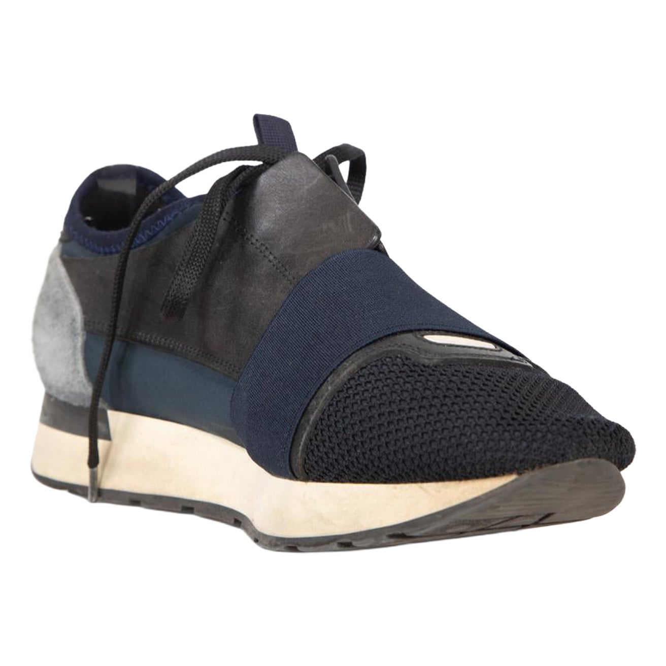 Balenciaga Navy Leather 
Suede Race Runner Trainers Size IT 40