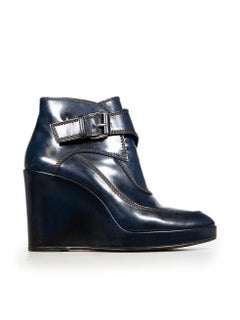 Balenciaga Navy Leather Wedge Heel Boots Size IT 37