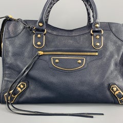 BALENCIAGA Navy Textured Leather Mirrored Edge City Satchel Bag