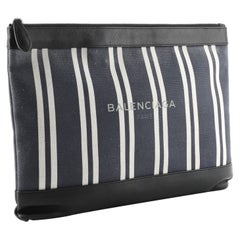 Vintage Balenciaga Navy Zip Pouch Striped Canvas and Leather Large Black, Blue, Neutral