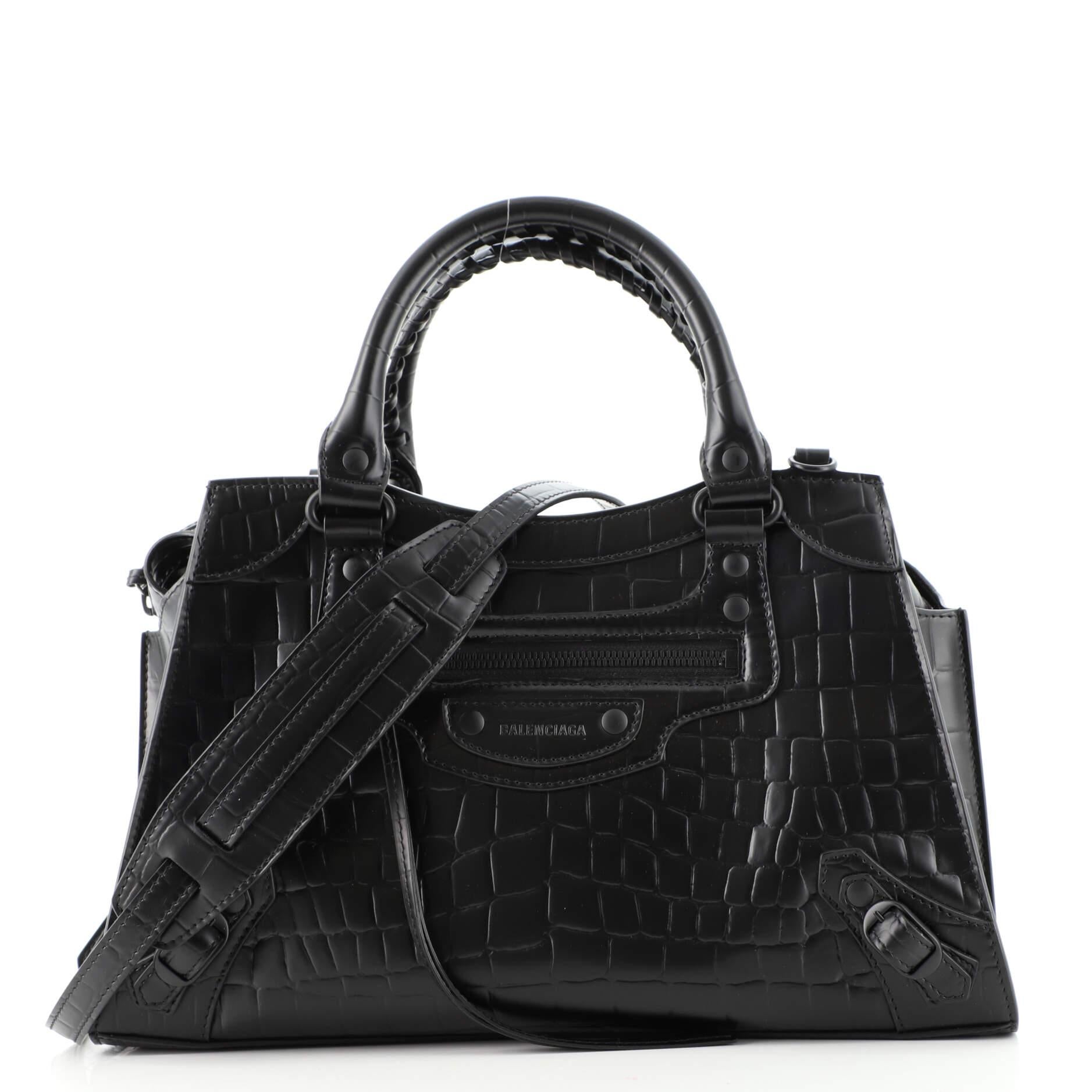 Black Balenciaga Neo Classic City Bag Crocodile Embossed Leather Small