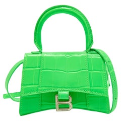 Balenciaga Neon Green Croc Embossed Leather Nano Hourglass Top Handle Bag