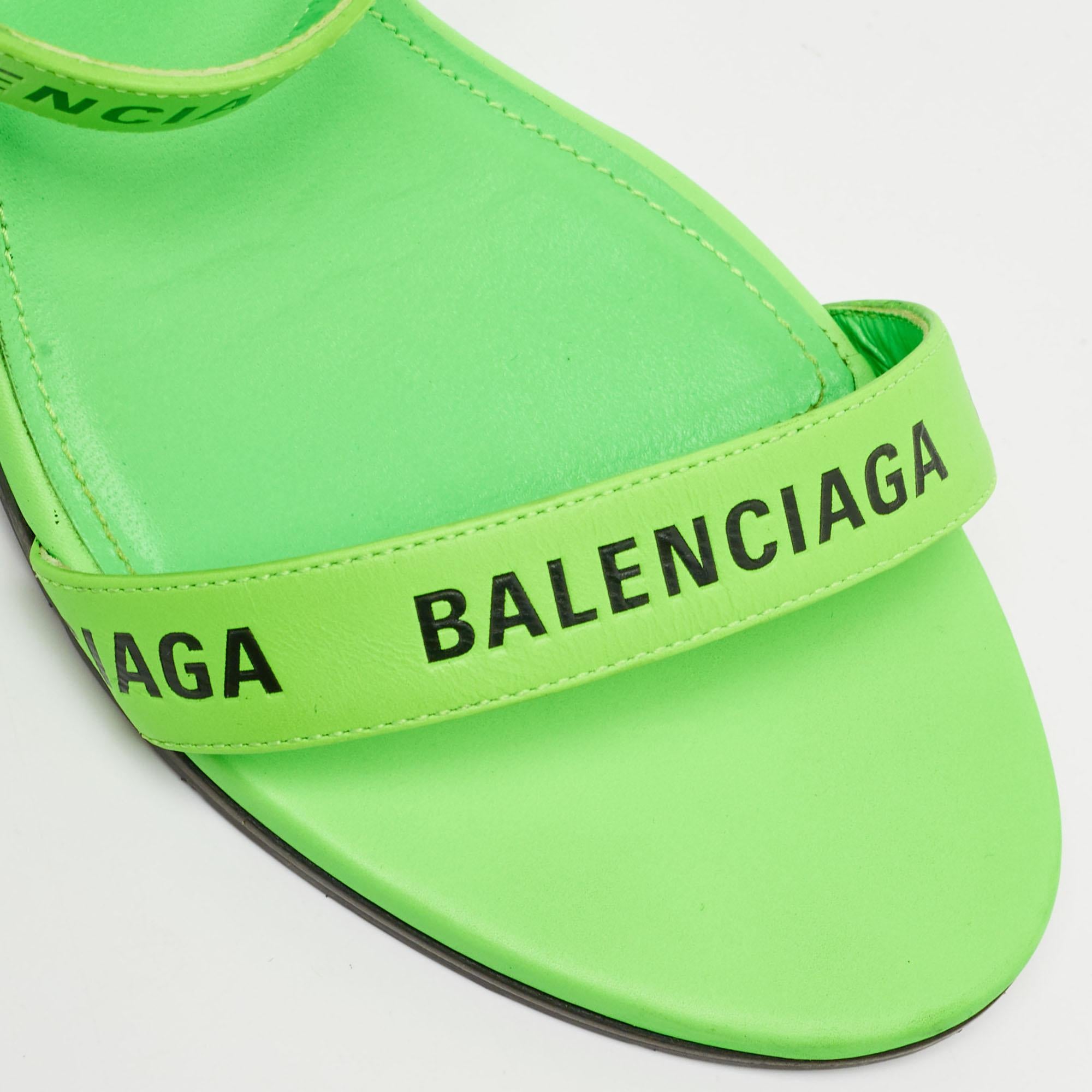 Balenciaga Neon Green Leather Allover Logo Ankle Strap Sandals Size 40 For Sale 2