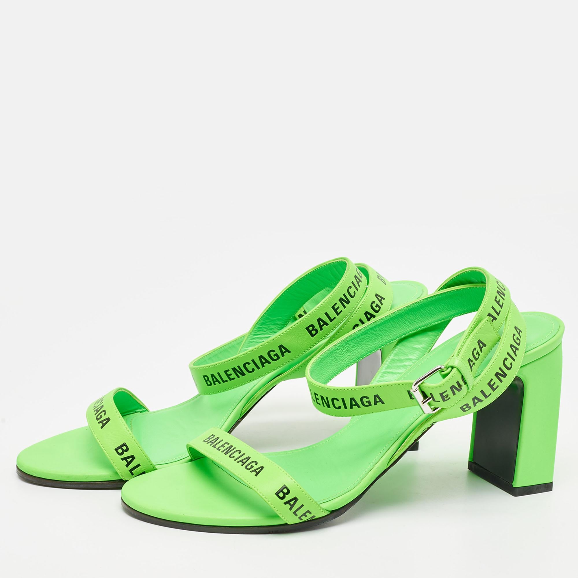 Balenciaga Neon Green Leather Allover Logo Ankle Strap Sandals Size 40 For Sale 4