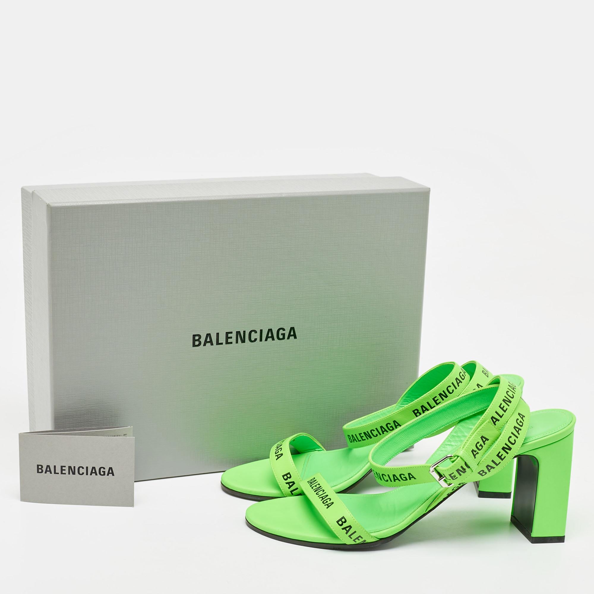 Balenciaga Neon Green Leather Allover Logo Ankle Strap Sandals Size 40 For Sale 5