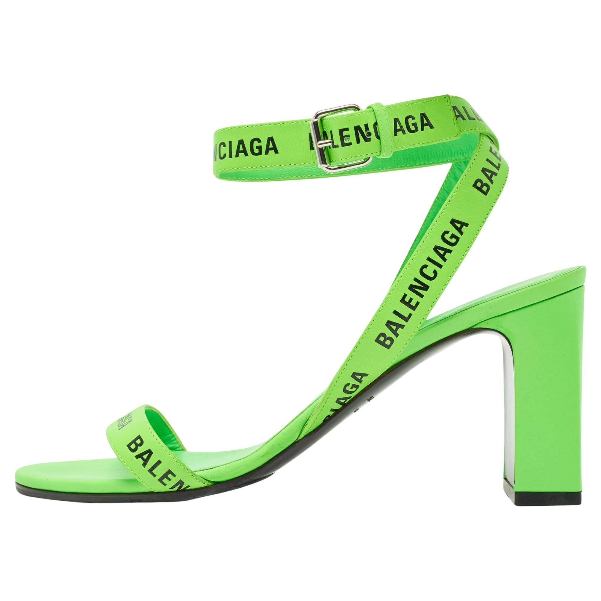 Balenciaga Neon Green Leather Allover Logo Ankle Strap Sandals Size 40 For Sale