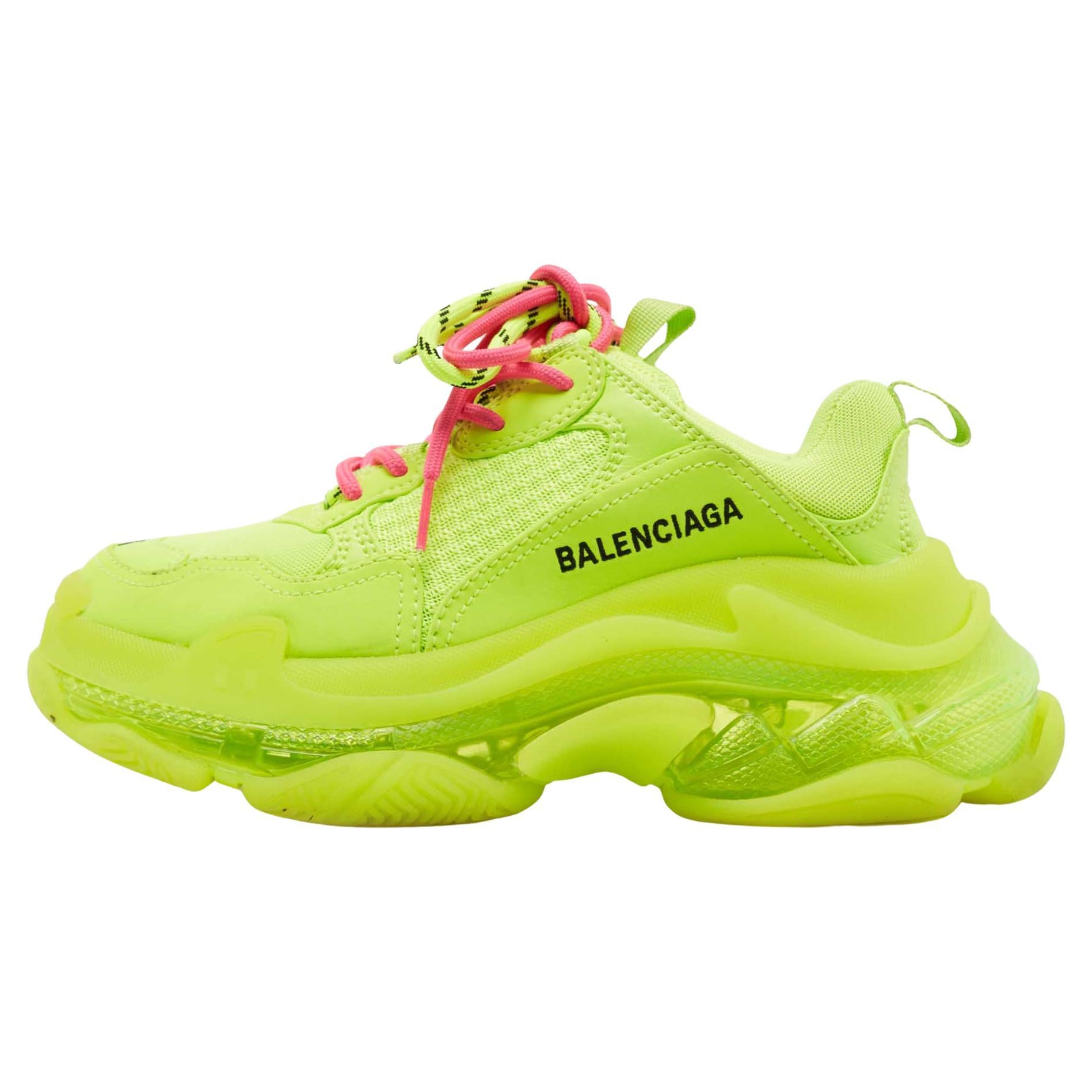 Balenciaga Neon Green Leather and Mesh Triple S Clear Sneakers Size 36
