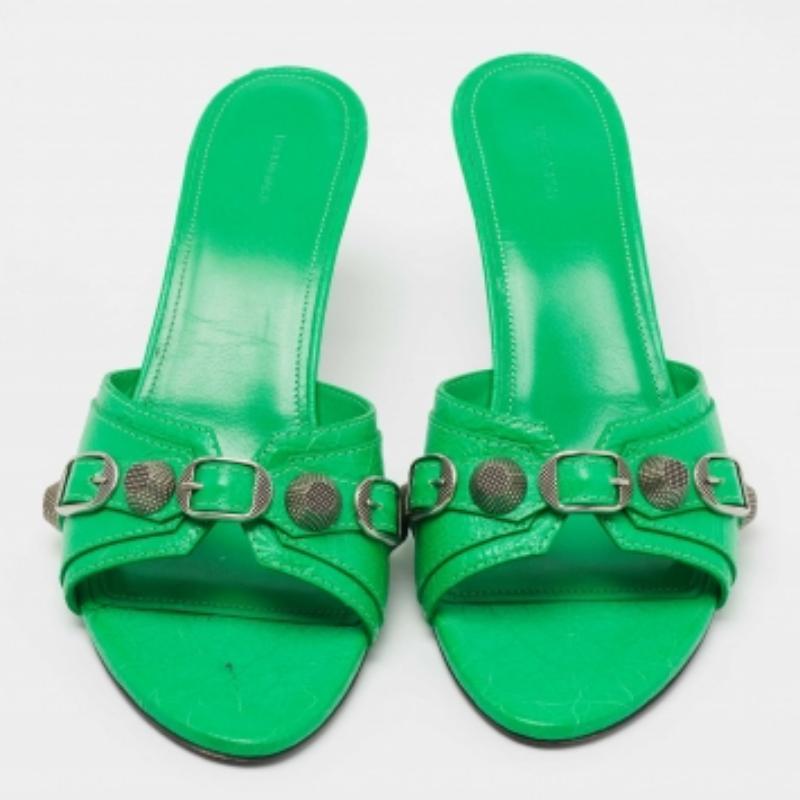 Balenciaga Neon Grün Leder Cagole Slide Sandalen Größe 39 Damen im Angebot
