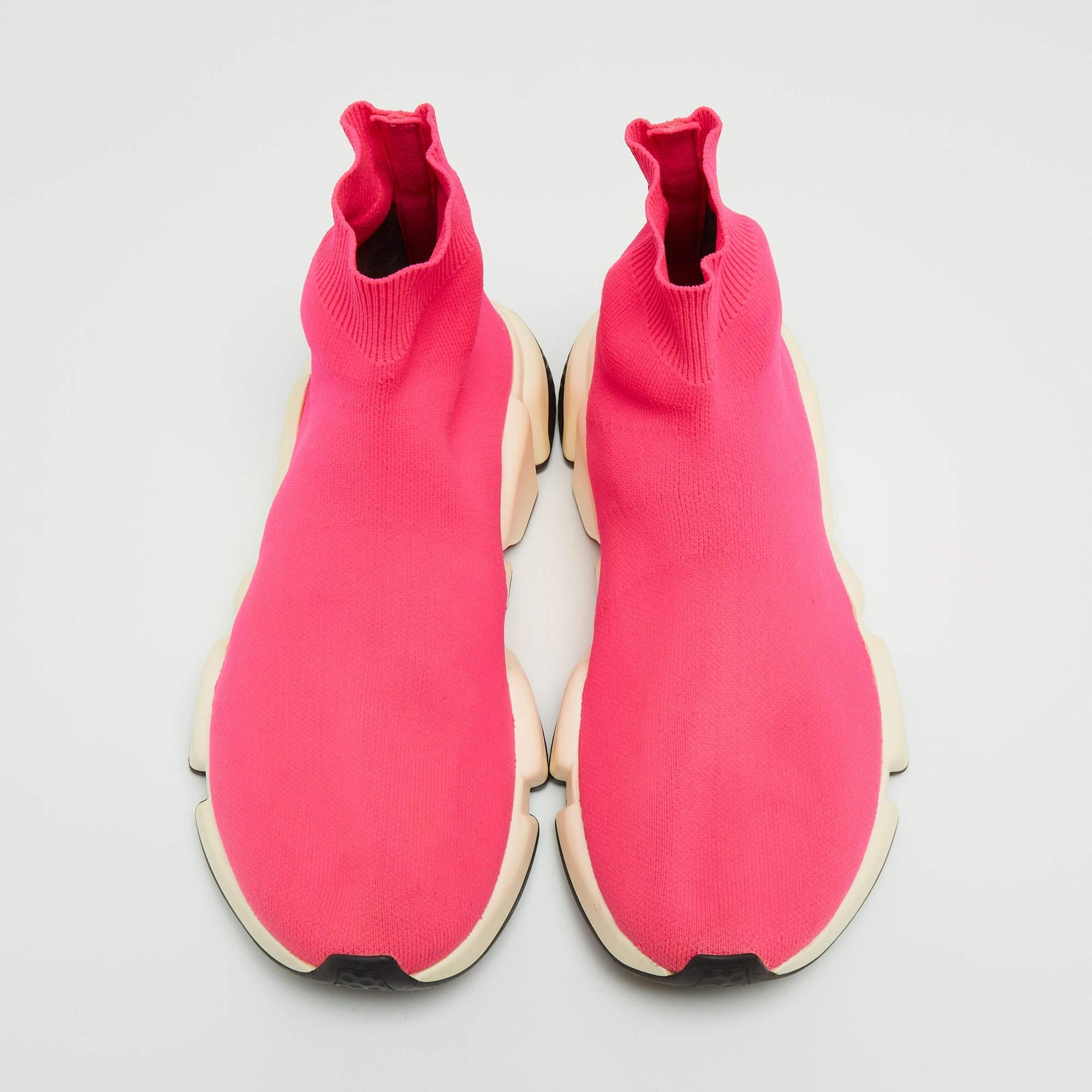 Balenciaga Neon Pink Knit Fabric Speed Trainer Sneakers Size 38 In Good Condition In Dubai, Al Qouz 2