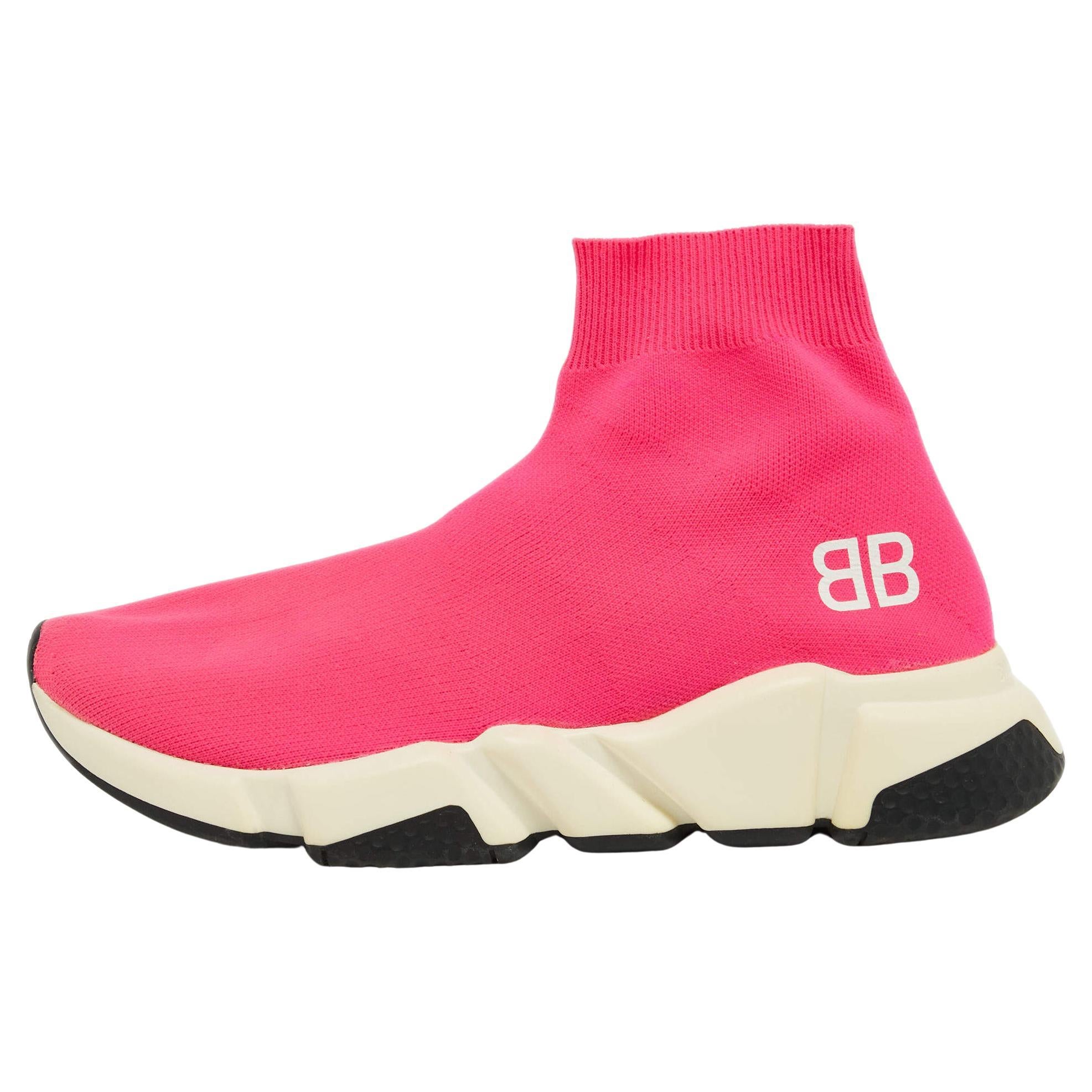 Balenciaga Neon Pink Knit Fabric Speed Trainer Sneakers Size 38