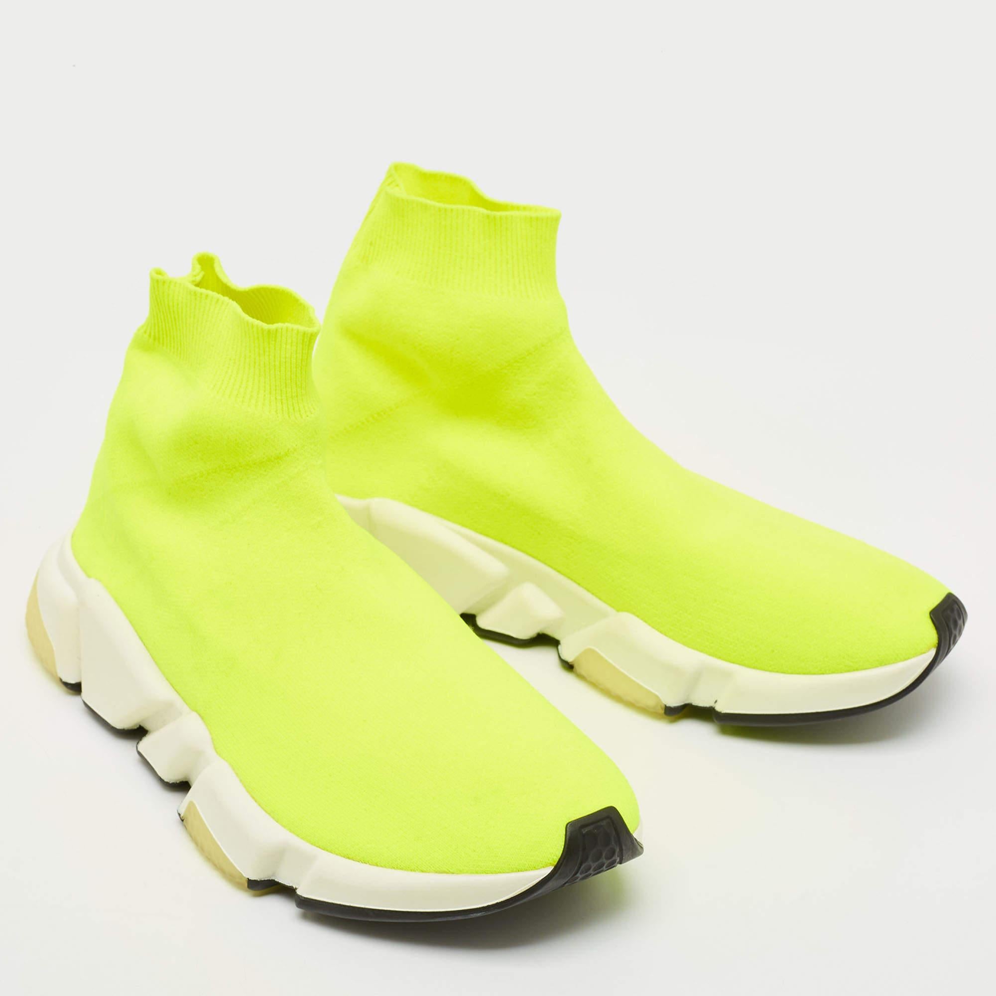 Women's Balenciaga Neon Yellow Knit Fabric Speed Trainer Sneakers Size 39 For Sale