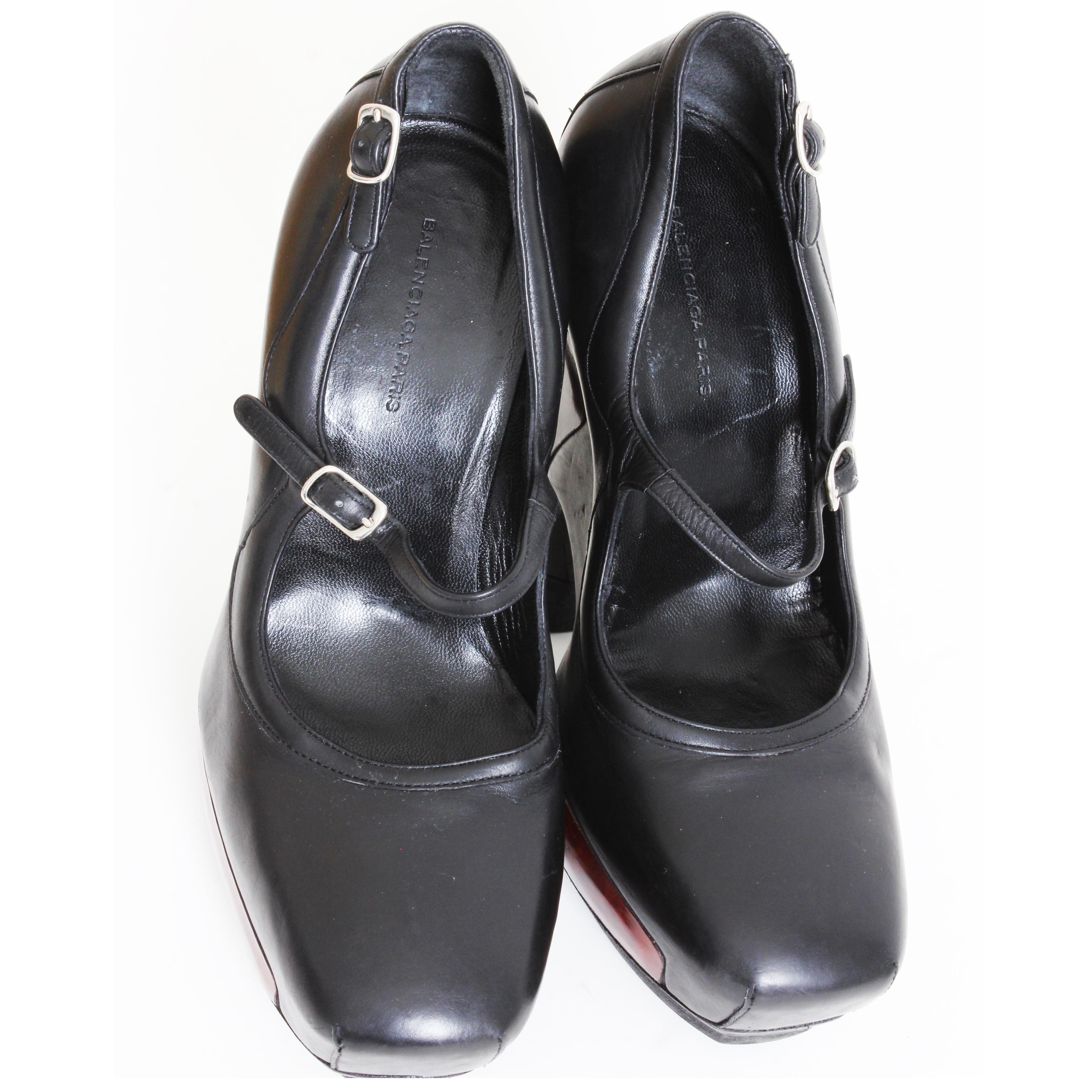 Balenciaga Nicolas Ghesquière Mary Jane Platforms Wood Black Leather F/W 06 38 Pour femmes en vente