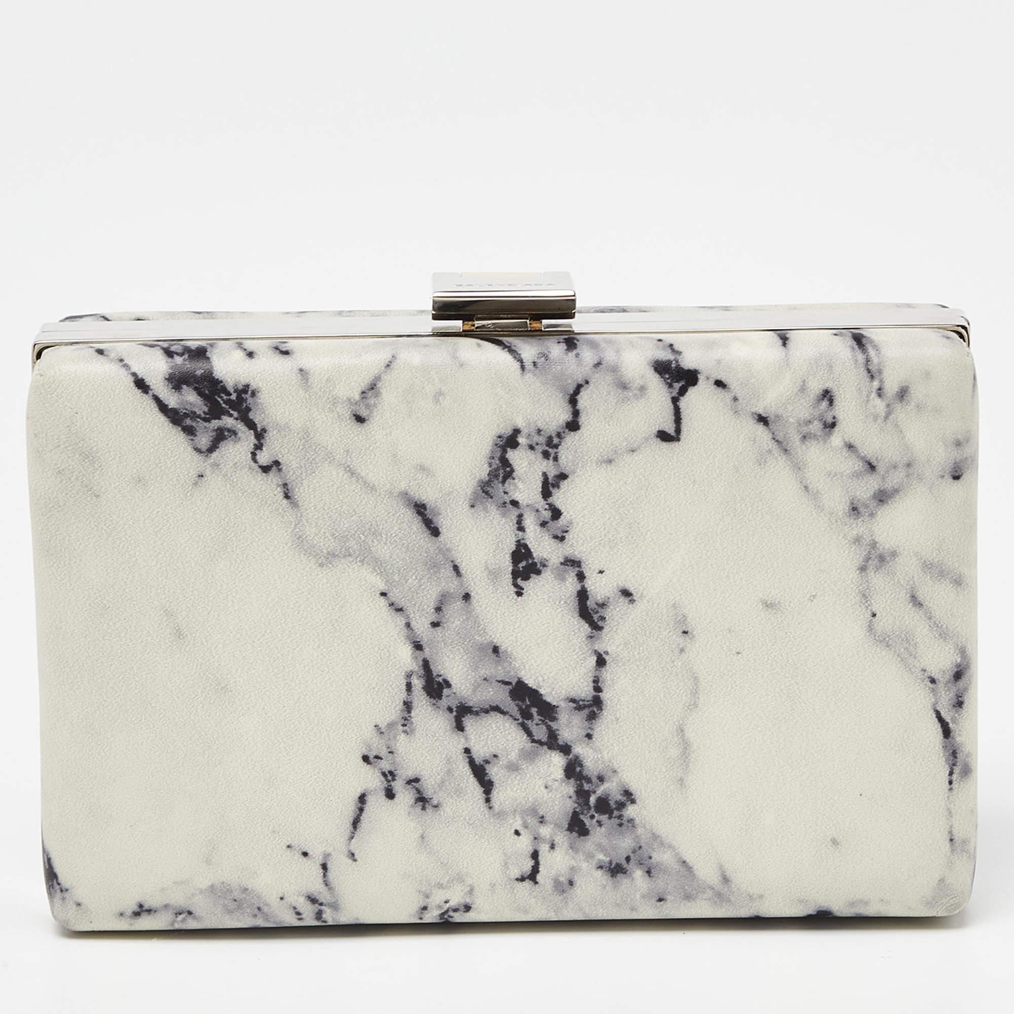 Balenciaga Off White/Black Marble Leather Le Dix Minaudiere Box Clutch In Excellent Condition In Dubai, Al Qouz 2