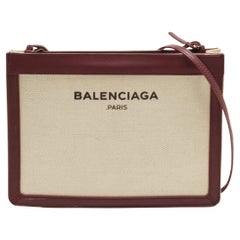 Balenciaga Off-White/Burgundy Canvas and Leather Navy Pochette Crossbody Bag