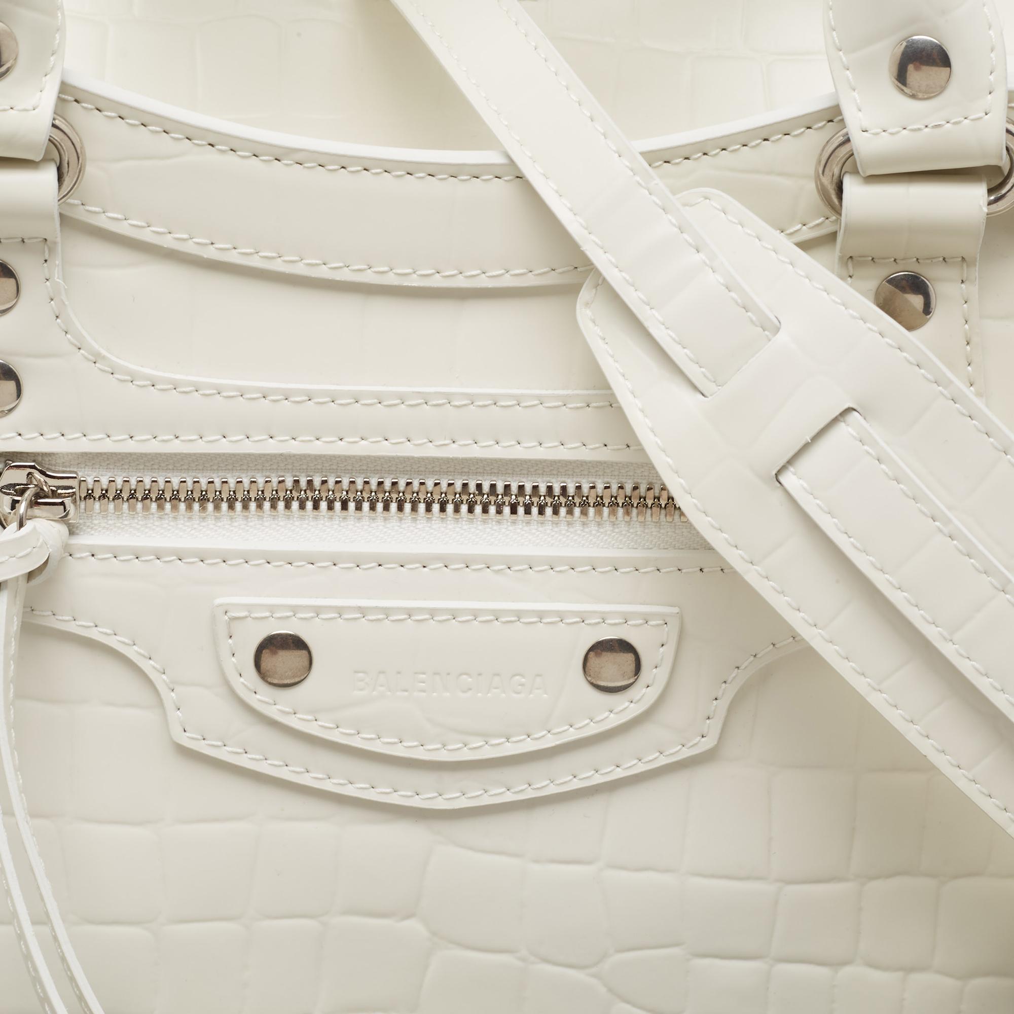 Balenciaga Off White Croc Embossed Leather Small Neo Classic Tote For Sale 4