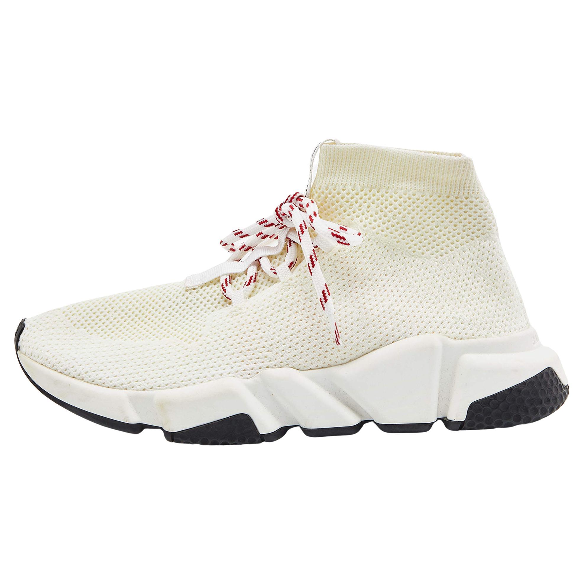 Balenciaga Off White Knit Fabric Speed Lace Up High Top Sneakers Size 38  For Sale at 1stDibs | knit fabric high-top trainers, knit high top trainers