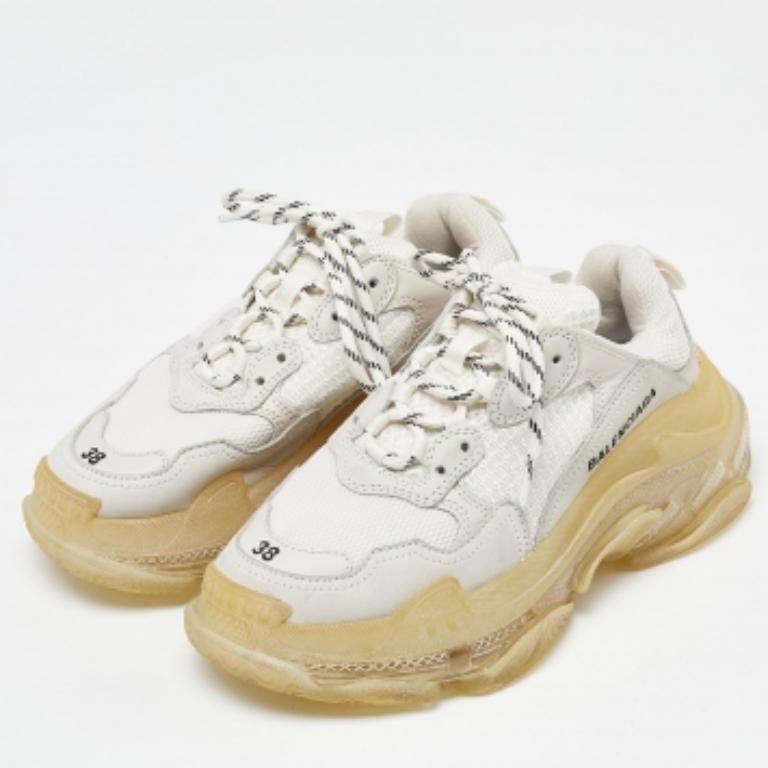 Beige Balenciaga Off White Pelle e Mesh Triple S Clear Sneakers Taglia 38 in vendita