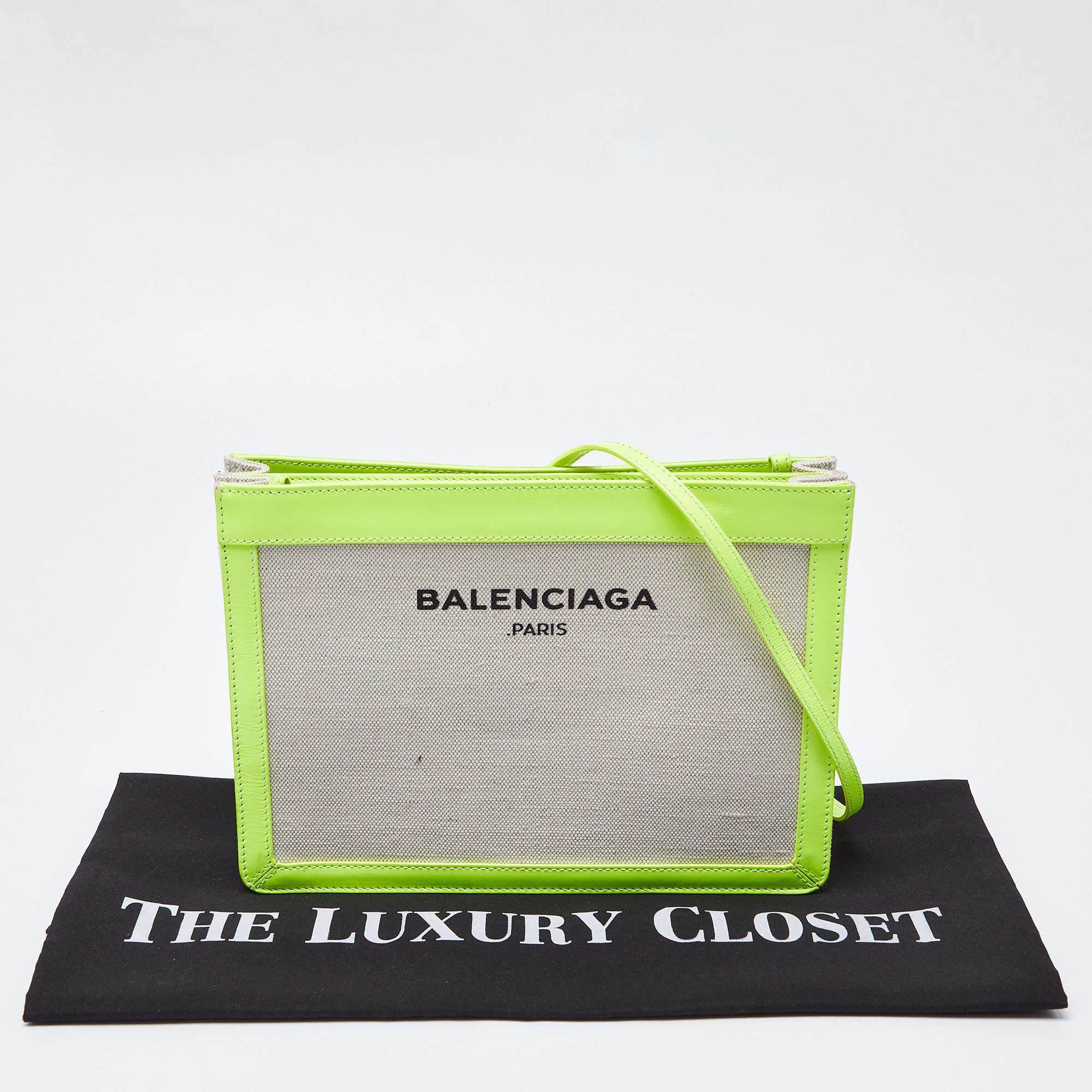 Balenciaga Off White/Neon Green Canvas and Leather Navy Pochette Crossbody Bag 2