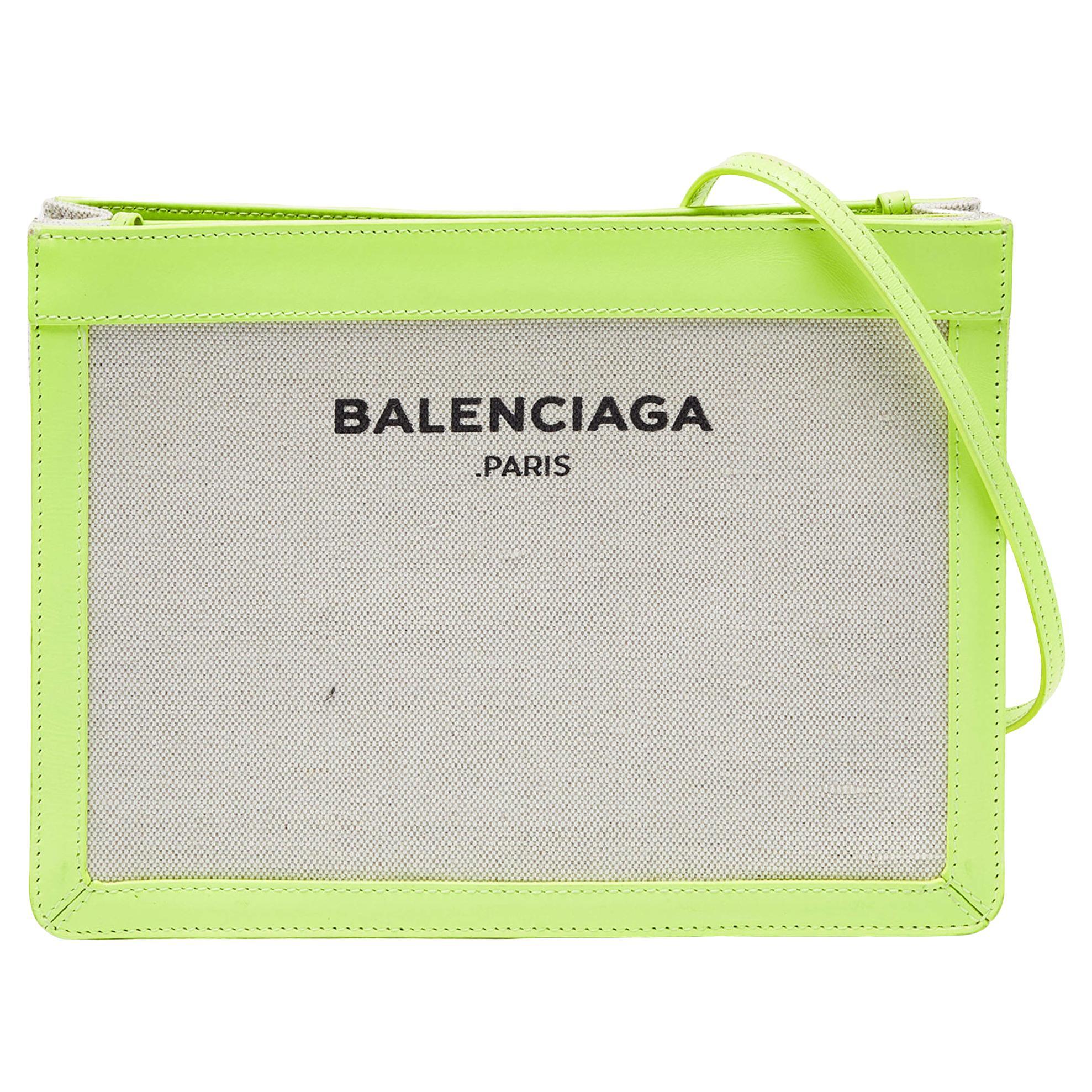 Balenciaga Off White/Neon Green Canvas and Leather Navy Pochette Crossbody Bag