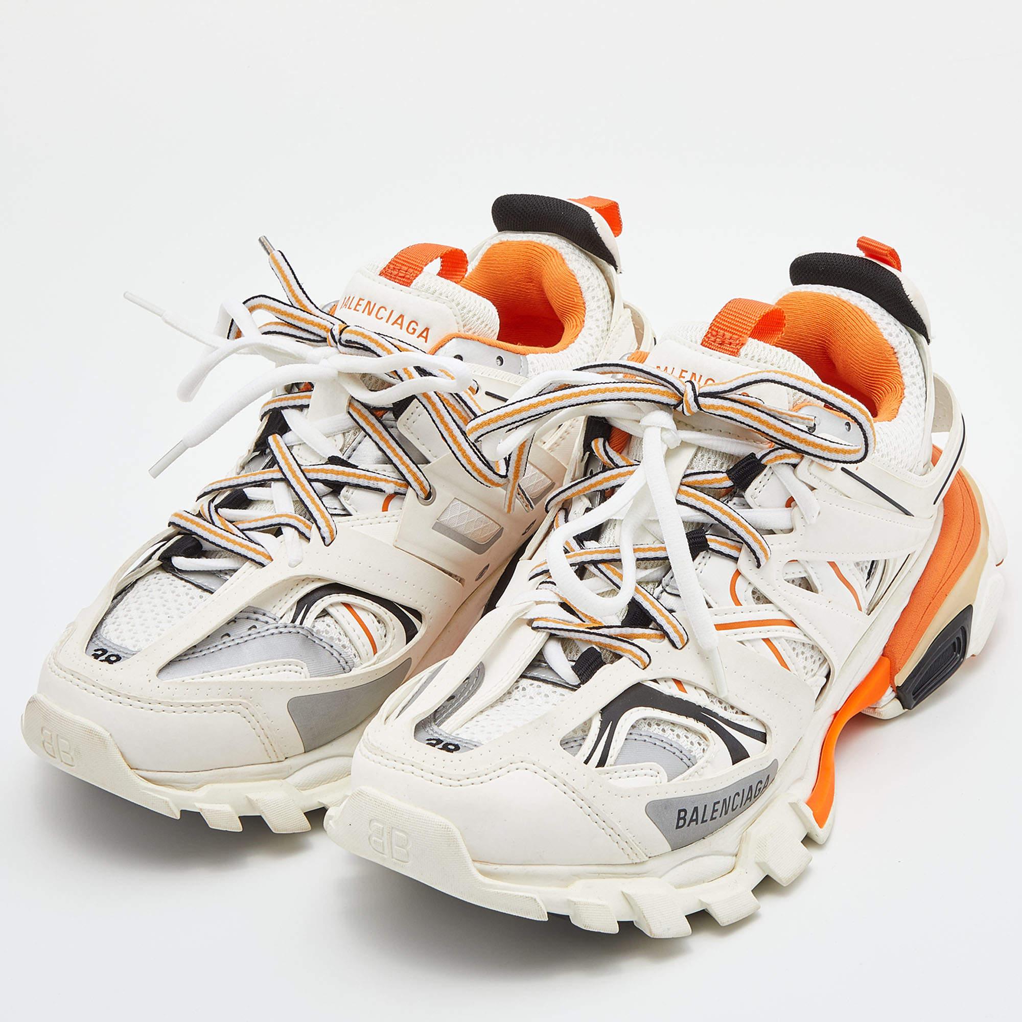 Balenciaga Off White/Orange Leather and Mesh Track Sneakers Size 38 In New Condition In Dubai, Al Qouz 2