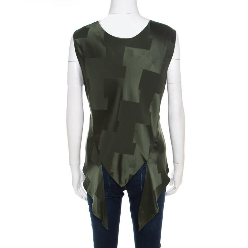 Black Balenciaga Olive Green Satin Jacquard Back Tie Detail Sleeveless Top S