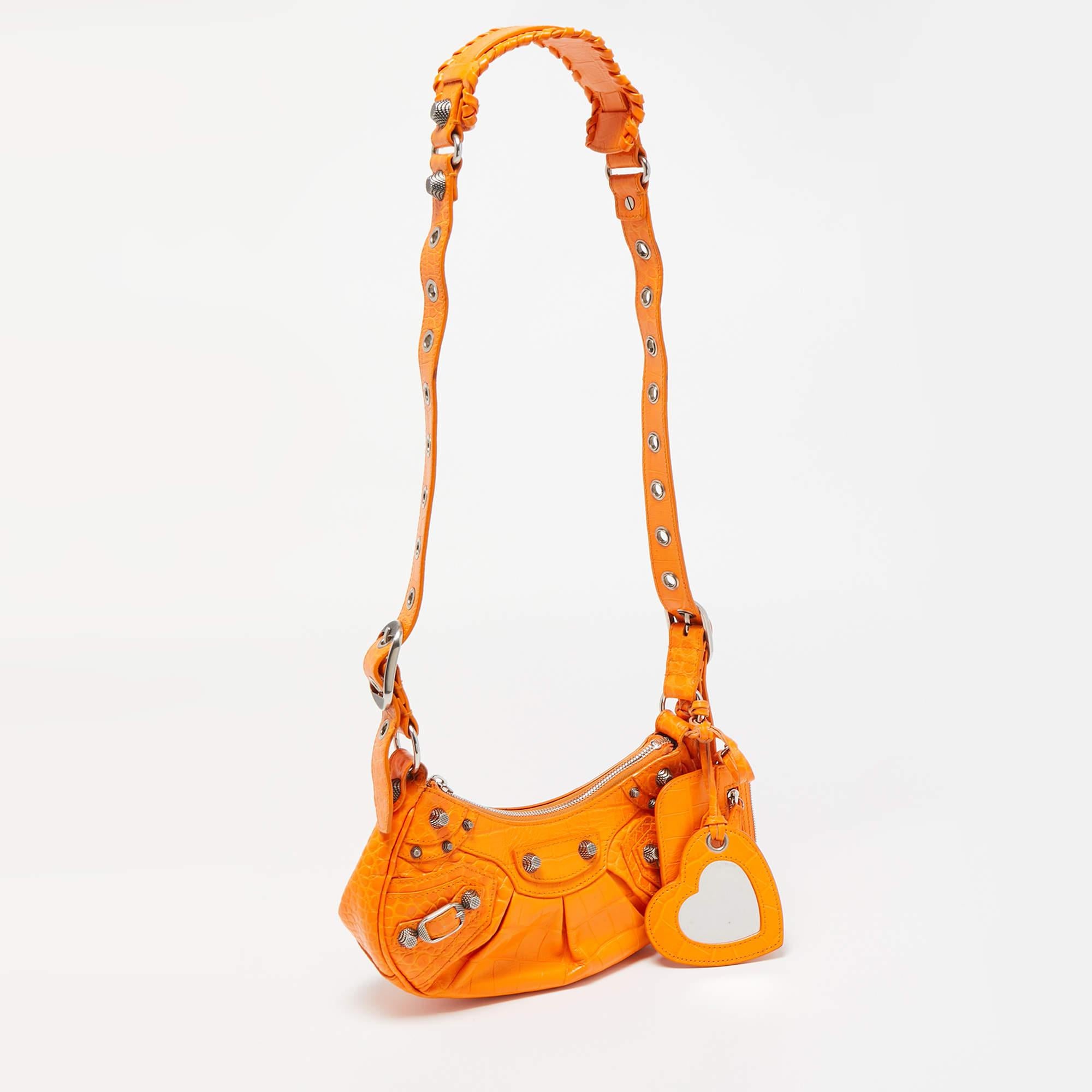 Women's Balenciaga Orange Croc Embossed Leather XS Le Cagole Shoulder Bag