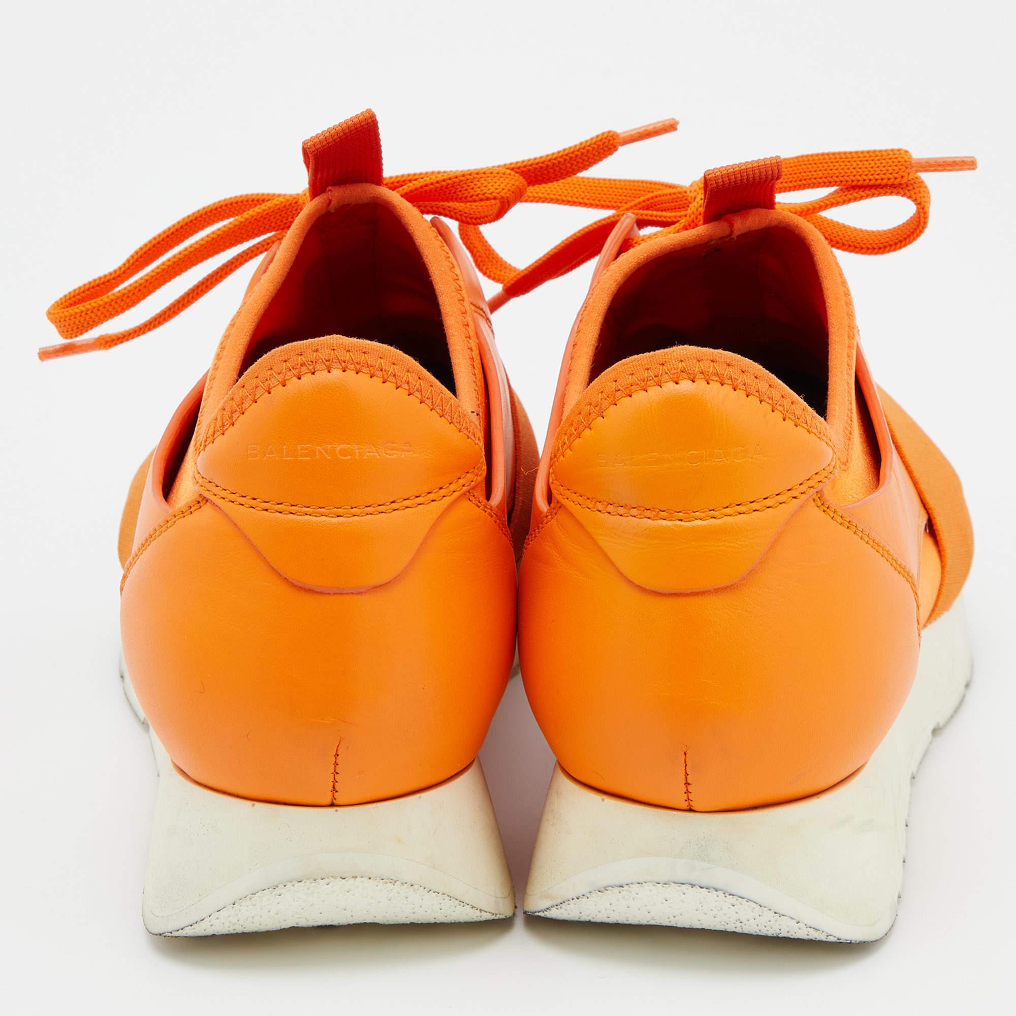 Balenciaga Orange Leather and Mesh Race Runner Sneakers Size 38 In Good Condition For Sale In Dubai, Al Qouz 2