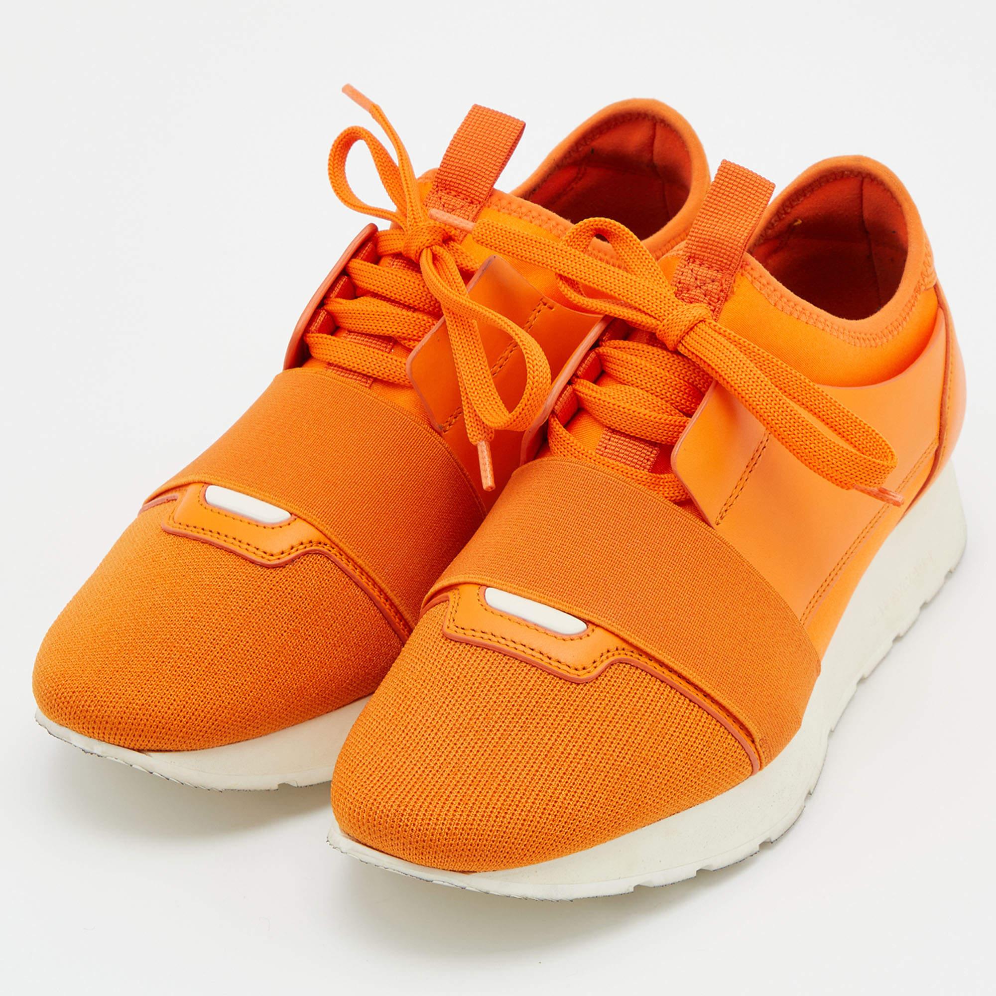 Women's Balenciaga Orange Leather and Mesh Race Runner Sneakers Size 38 For Sale