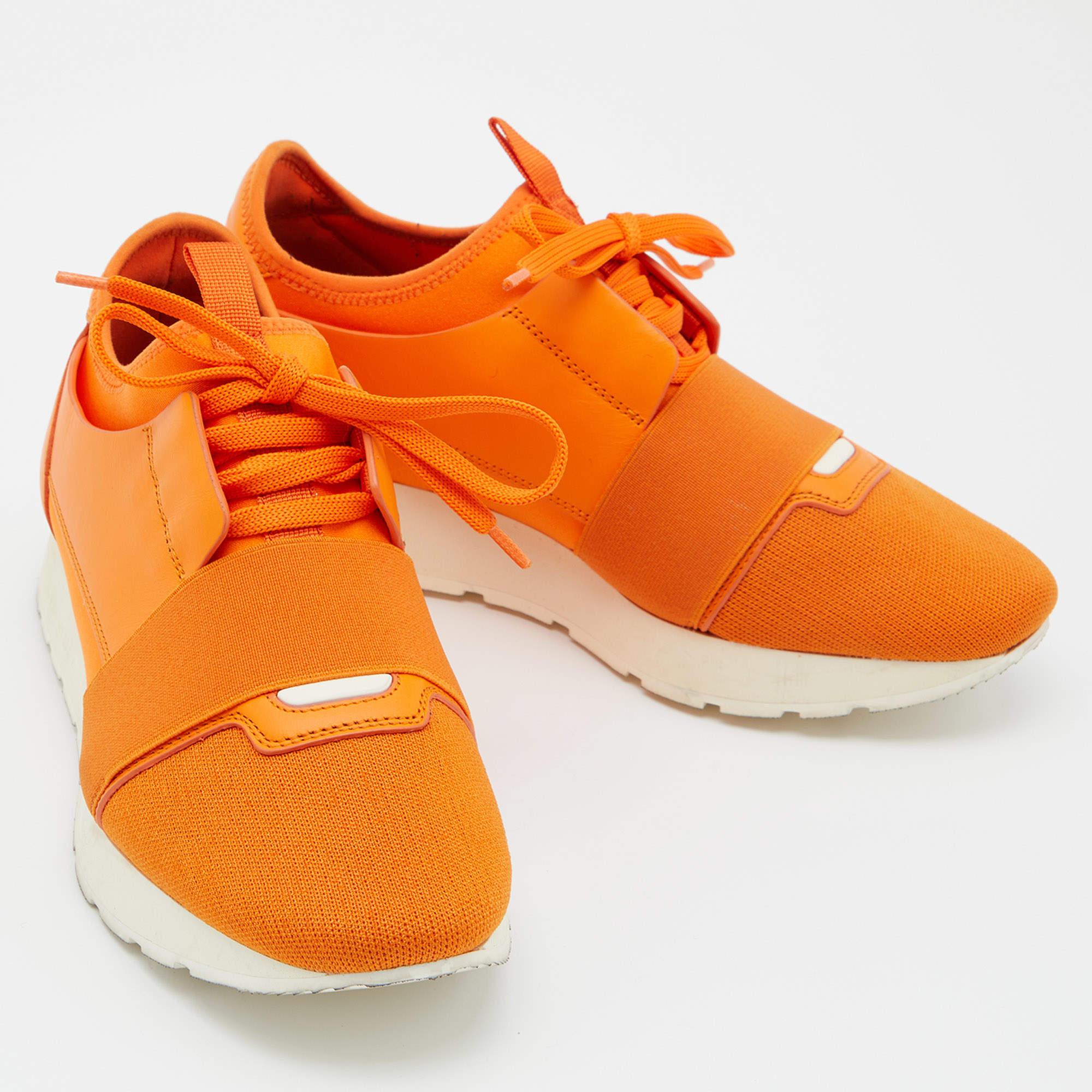 Balenciaga Orange Leather and Mesh Race Runner Sneakers Size 38 For Sale 1
