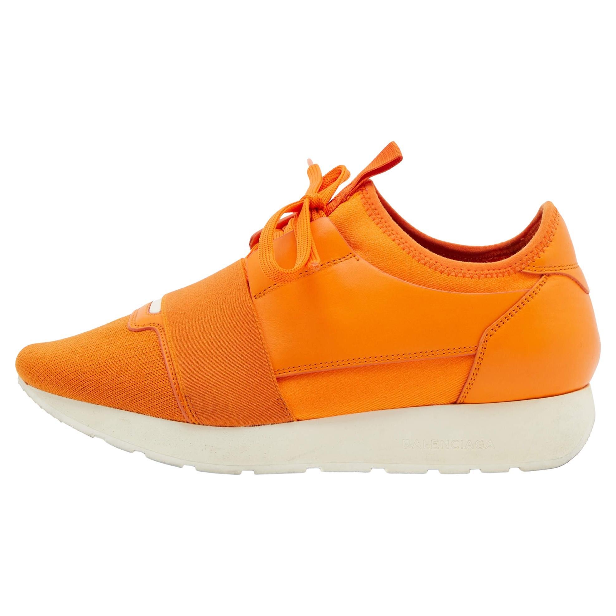 Balenciaga Orange Leather and Mesh Race Runner Sneakers Size 38 For Sale