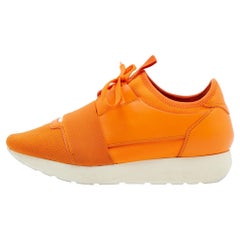 Used Balenciaga Orange Leather and Mesh Race Runner Sneakers Size 38