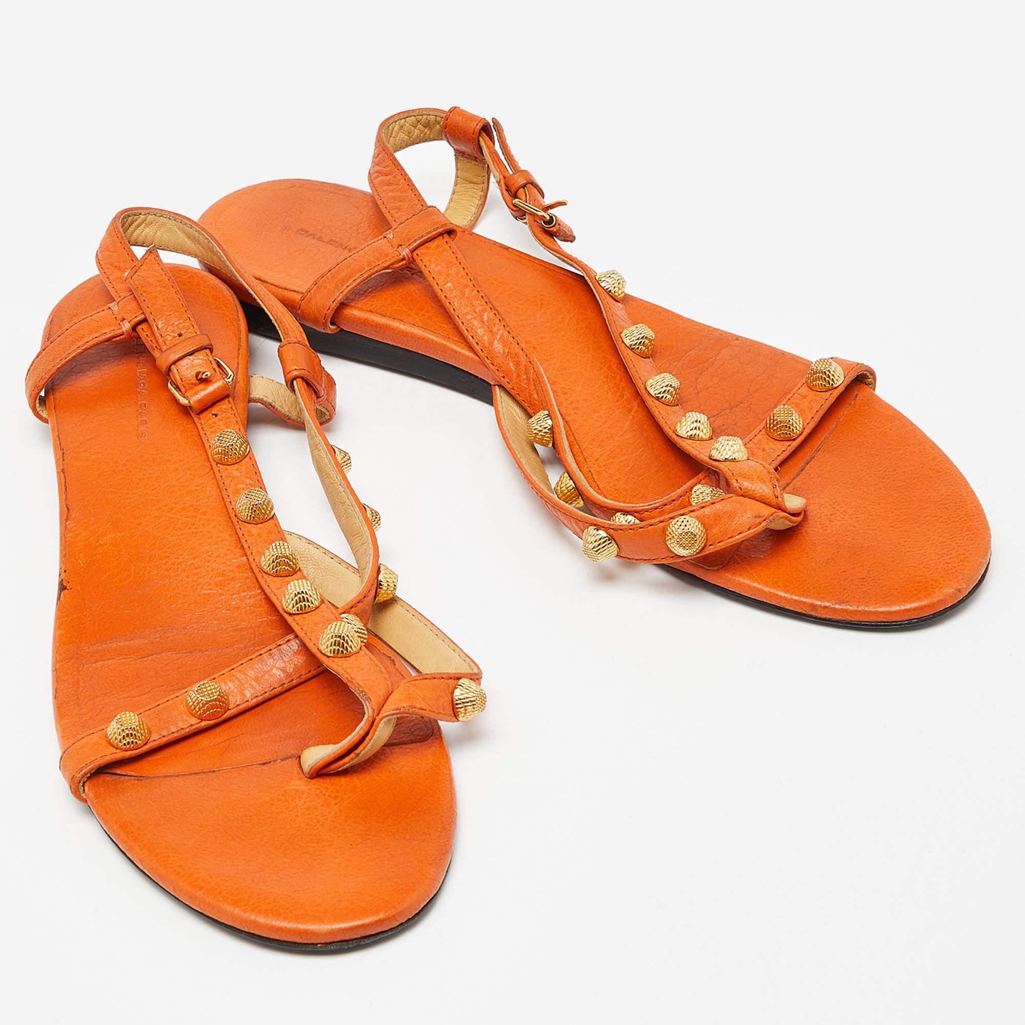 Women's Balenciaga Orange Leather Arena Studded Thong Sandals Size 38.5