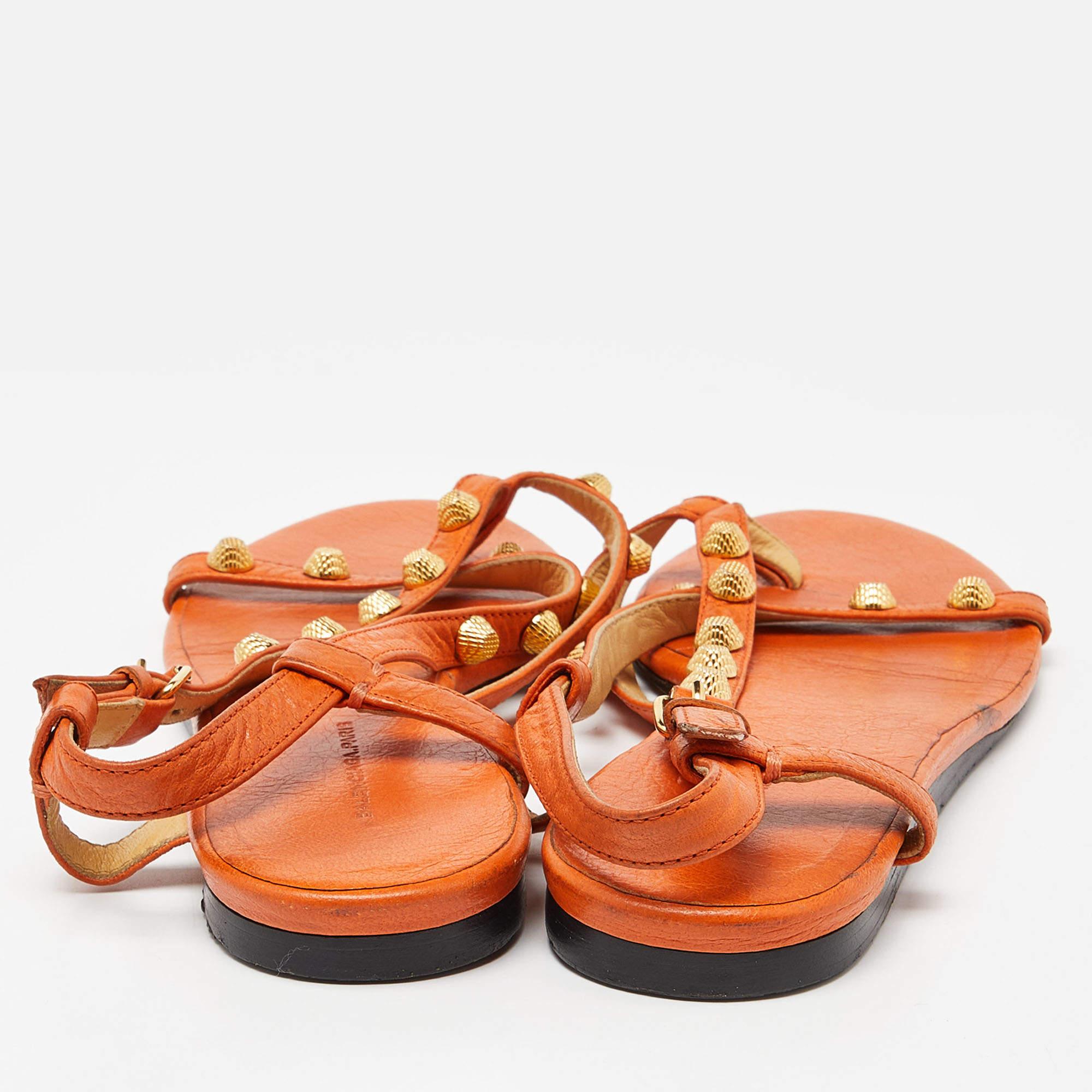 Balenciaga Orange Leather Arena Studded Thong Sandals Size 38.5 1
