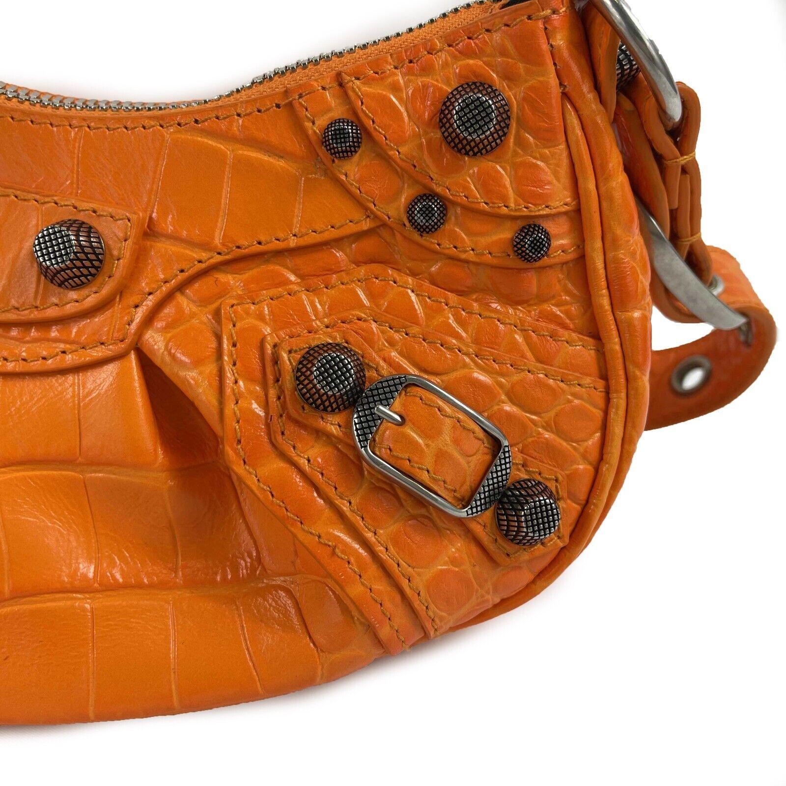 	Balenciaga OrangeLe Cagole XS Shoulder Bag Crocodile Embossed Studded Crossbody In New Condition For Sale In Sanford, FL