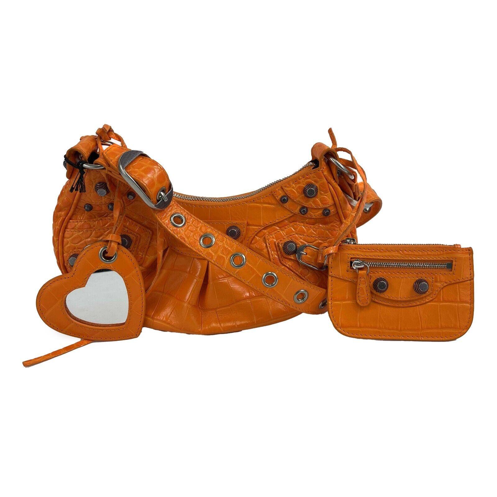 	Balenciaga OrangeLe Cagole XS Shoulder Bag Crocodile Embossed Studded Crossbody For Sale 2